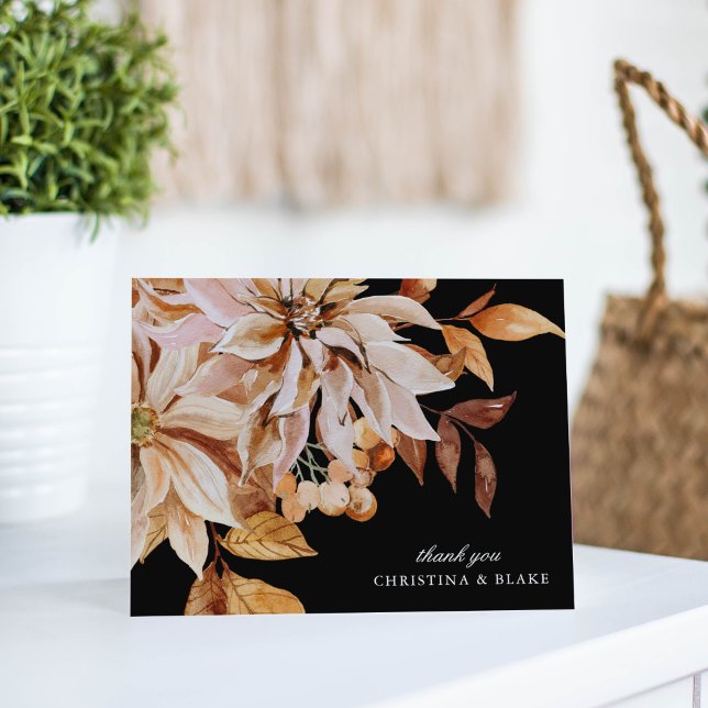 Cartão Casamento Floral Negro de outono Elegante Obrigado (Elegant Autumn Black Watercolor Floral Wedding Thank You Card)
