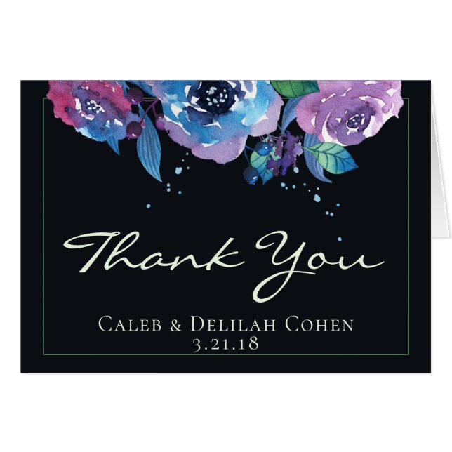 Cartão Casamento Floral Profundo de Azul Roxo-Sangrento (Frente horizontal)