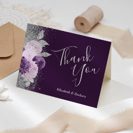 Cartão Casamento Floral Profundo de Prata Roxo Obrigado