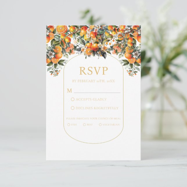 Cartão Casamento Laranja de Verão Rsvp com escolha de ref (Em pé/Frente)