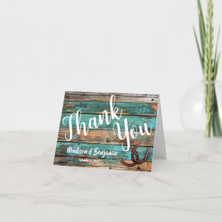 Cartão Casamento Rustic Teal Barn Wood Horsferes Obrigado