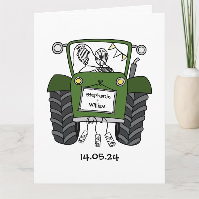 Cartão Casamento Rústico Personalizado com Trator Verde n (Frente)
