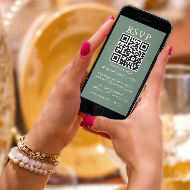 Cartão Casamento Simples Minimalista QR RSVP Sage Green (Criador carregado)