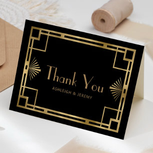 Cartão Casamento Vintage 1920s Deco Preto Dourado Obrigad
