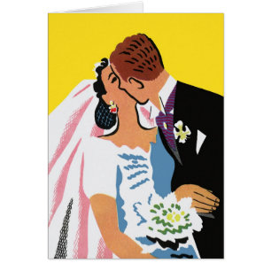 Cartão Casamento vintage, noiva e noiva beijando em Newly