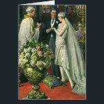 Cartão Casamento vintage, noiva e noiva com Menorah<br><div class="desc">Ilustração Vintage,  amor e cerimônia de casamento romântica,  com uma imagem de um casal se casando em uma bela sinagoga com vitrines coloridas,  flores e uma menorah de sete galhos. A noiva está vestindo um longo vestido branco e o noivo é bonito em seu smoking.</div>
