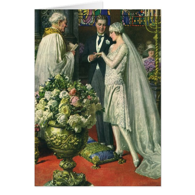 Cartão Casamento vintage, noiva e noiva com Menorah (Frente)