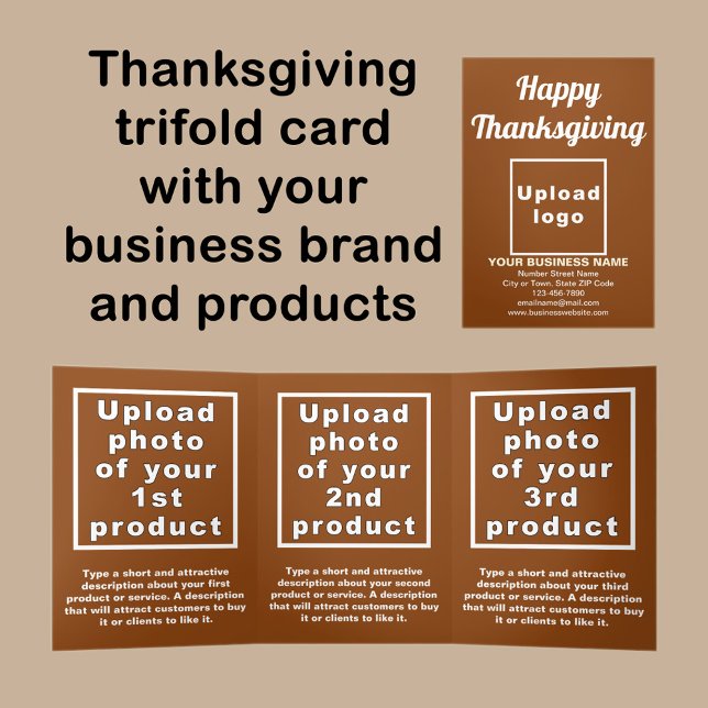 Cartão Castanho de Ação de Graças de Negócios (Thanksgiving brown trifold card with your business brand and products or services.)