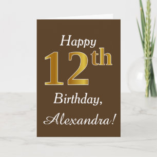 Cartão Castanho, Faux Dourado 12 Aniversário + Nome Perso