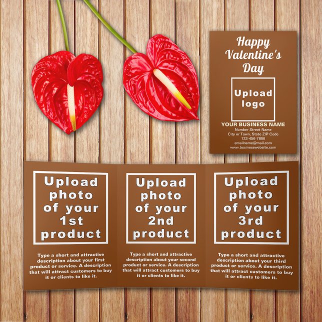 Cartão castanho para Namorados de negócios (Brown Valentine trifold card with your business brand and products or services on table.)