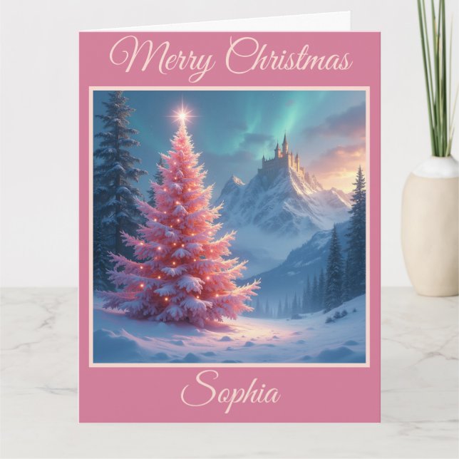 Cartão Castelo de Fairytales de Natal e Árvore Rosa (Frente)