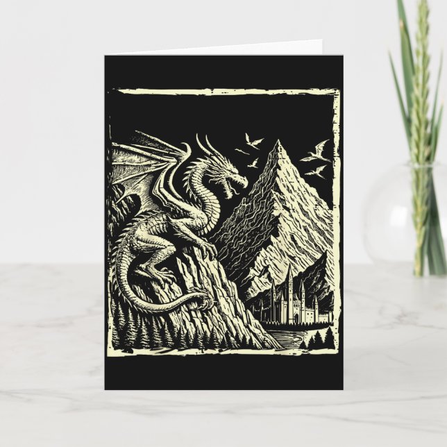 Cartão Castelo Montanha Dragão Medieval Homens Mulheres M (Frente)