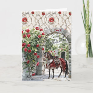 Cartão Castelo Vermelho Cavalos Rosas Românticas Reais