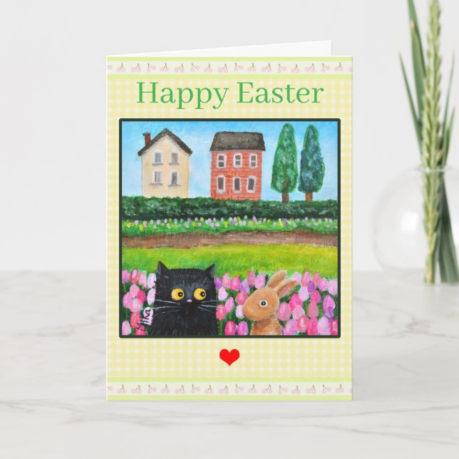 Cartão Cat and Bunny among Tulips Cute Spring Landscape (Frente)