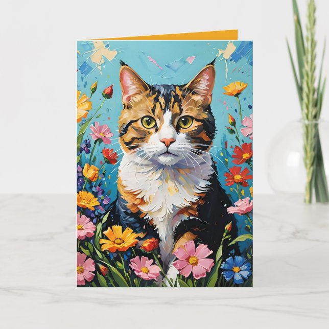 Cartão Cat and Flowers Greetings Card (Frente)