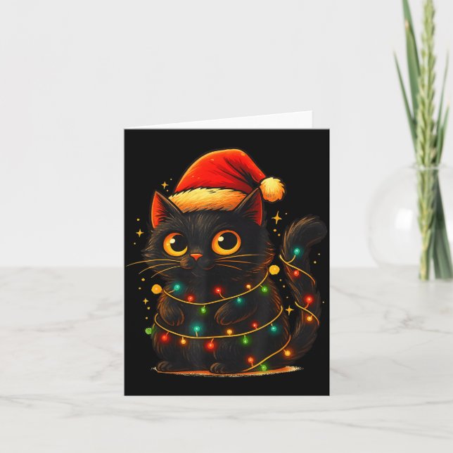 Cartão Cat Black Christmas Tree Lights Funny Santa Kitten (Frente)