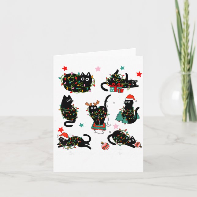Cartão Cat Christmas Light Reindeer Santa Christmas Cat L (Frente)