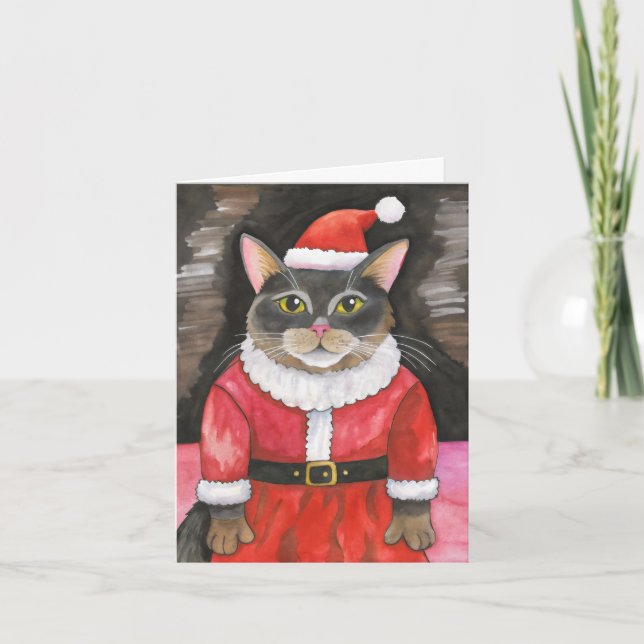 Cartão Cat Christmas Watercolor (Frente)