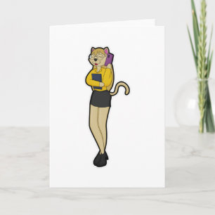 Cartão Cat como Secretário com Laptop e telefone celular