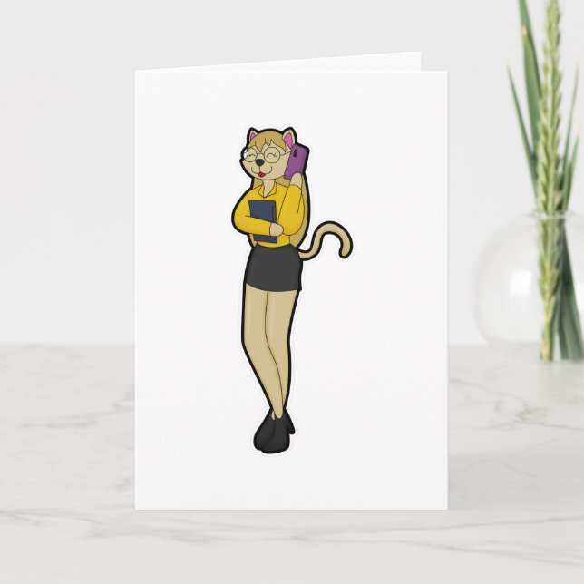 Cartão Cat como Secretário com Laptop e telefone celular (Frente)