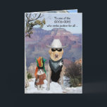 Cartão Cat & Dog Western Funny Birthday for Son or Male<br><div class="desc">90 lb. yellow Lab and cat as western characters.  You can customize the text.  The Grand Canyon background is  from  publicdomainpictures. Inside are American Gothic Labs,  a symbol for conservative parents or relatives.  lol!   On this version the uncle Gothic Lab has specs.</div>