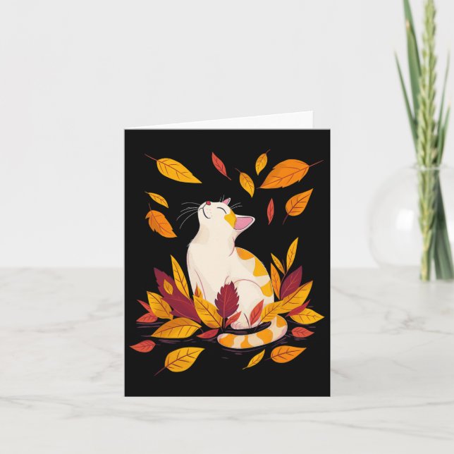 Cartão Cat Fall Leaf Tree Olá Ação de Graças de outono (Frente)
