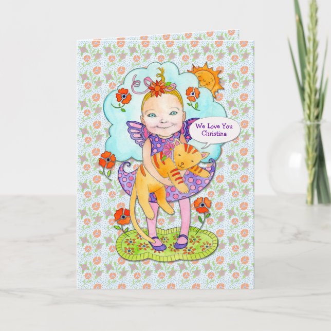 Cartão Cat  "Love You" Customized Name for Child (Frente)