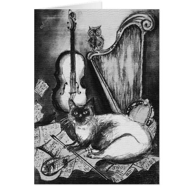 Cartão CAT MUSICAL,OWL,VIOLIN,HARP Black White Cinza Musi (Frente)