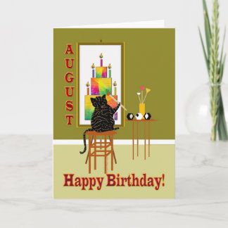 Cartão Cat Painting Birthday Cake AUGUST