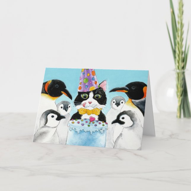 Cartão Cat, Penguins, Cake Birthday Card (Frente)
