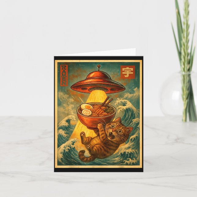 Cartão Cat Ramen Ufo Funny Men Women Teens Kids Japanese  (Frente)