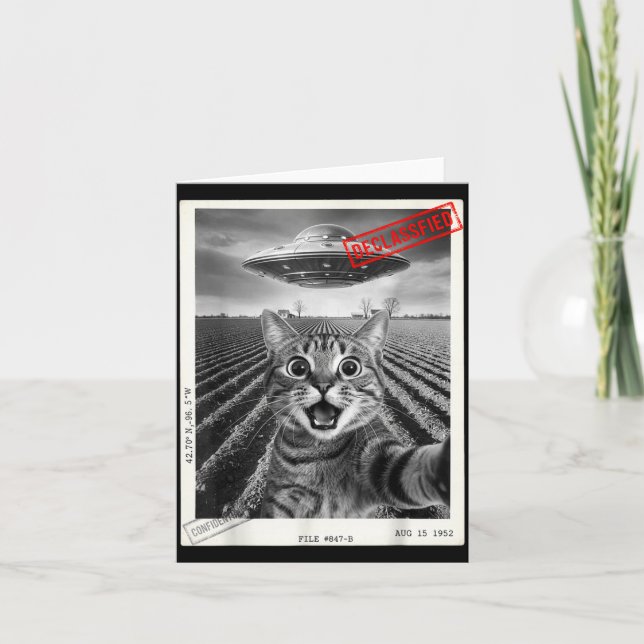 Cartão Cat Selfie Ufo Alien Funny Surprised Cat Meme Men  (Frente)