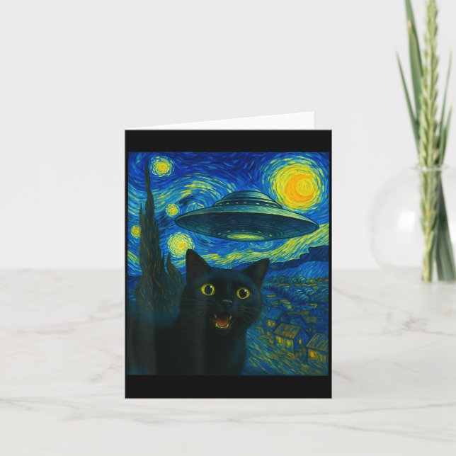 Cartão Cat Selfie With Alien Ufo Night Van Gogh Men Women (Frente)