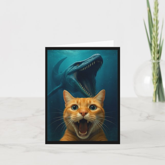 Cartão Cat Selfie With Mosasaurus Dinosaur For Boys Kids  (Frente)