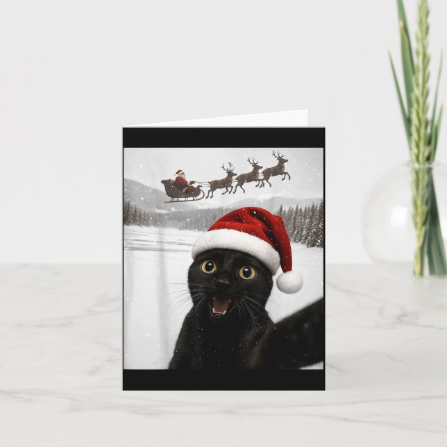 Cartão Cat Selfie With Santa Funny Black Cat Christmas Me (Frente)