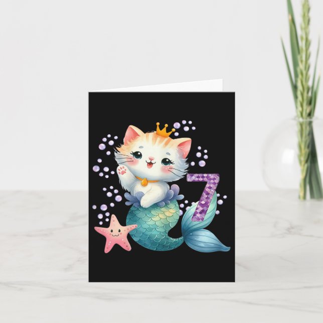 Cartão Cat Sereia 7 Aniversário 7 Anos Meninas De Festa (Frente)