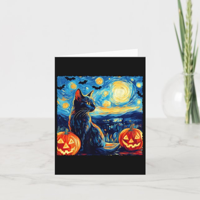 Cartão Cat Starry Night Van Gogh Cat Bats Pumpkins (Frente)