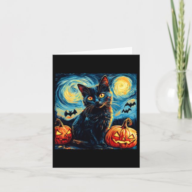 Cartão Cat Starry Night Van Gogh Cat Lover Pumpkins Bats (Frente)