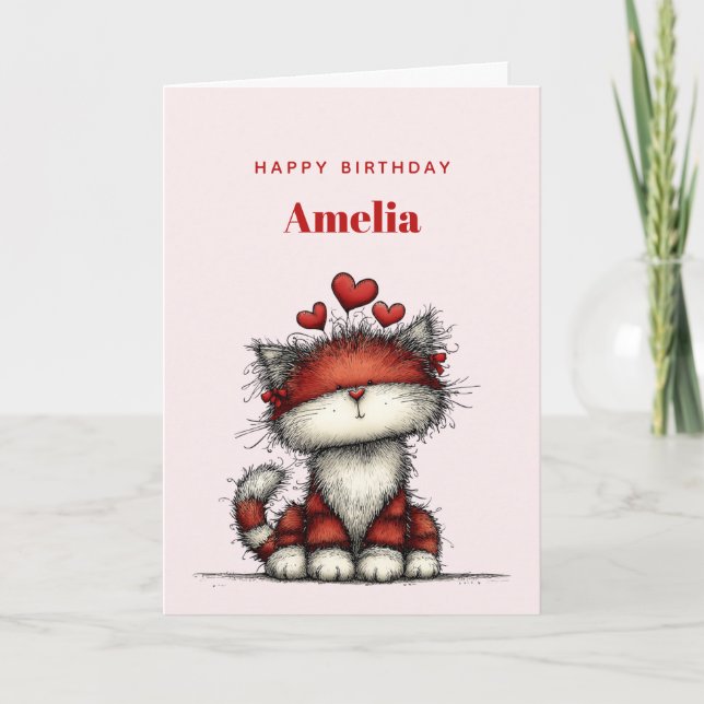 Cartão Cat with Red Love Hearts Cute and Funny Birthday (Frente)