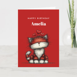 Cartão Cat with Red Love Hearts Cute and Funny Birthday