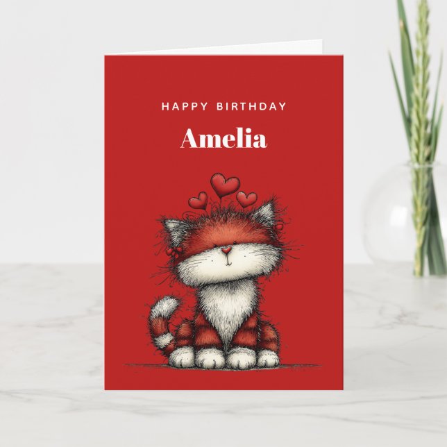 Cartão Cat with Red Love Hearts Cute and Funny Birthday (Frente)