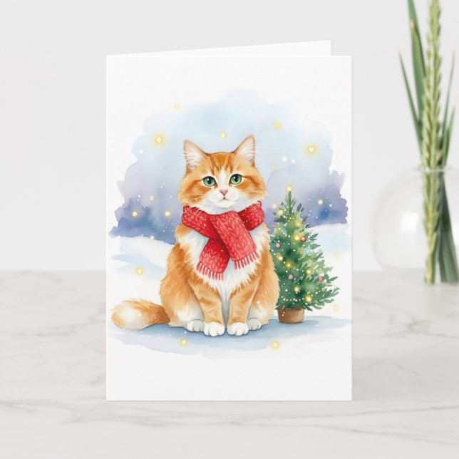 Cartão Cat with Red Scarf and Christmas Tree Watercolor (Frente)
