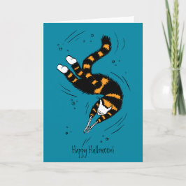 Cartão Cat With Skeleton Hands Swimming Happy Halloween