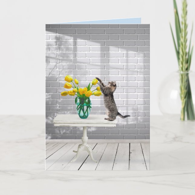 Cartão Cat with Yellow Tulips Name Day (Frente)