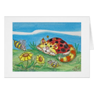 Cartão CatABug Cat Ladybug Bumble Bee Mice & Flower Art
