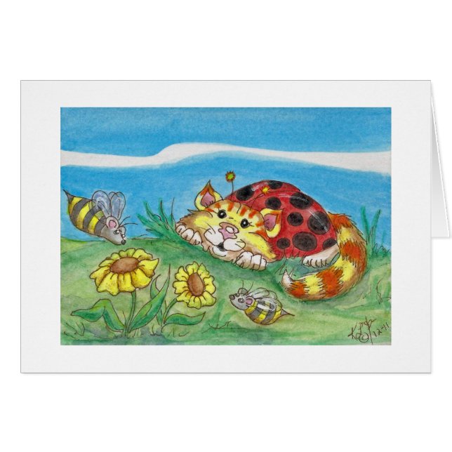 Cartão CatABug Cat Ladybug Bumble Bee Mice & Flower Art (Frente Horizontal)