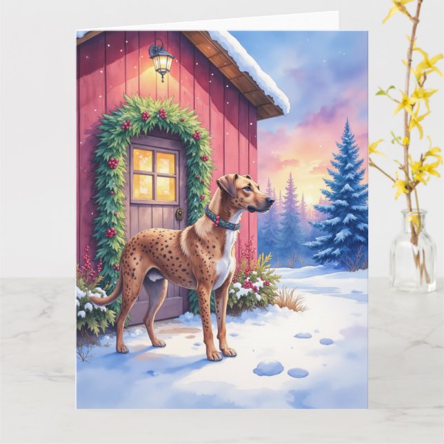 Cartão Catahoula Leopard Dog Rustic Barn Christmas Art (Flor Amarela)