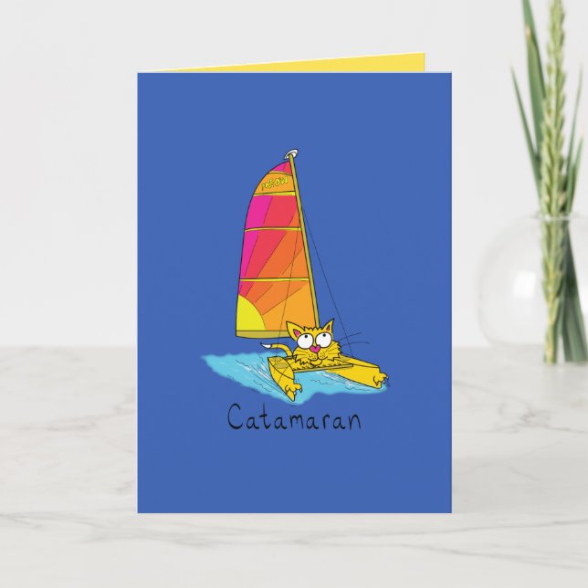 Cartão Catamaran - Funny Cat Sailing Greeting Card (Frente)