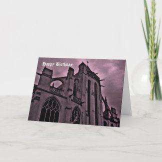 Cartão Catedral Gótica em Feliz Aniversário de Púrpura