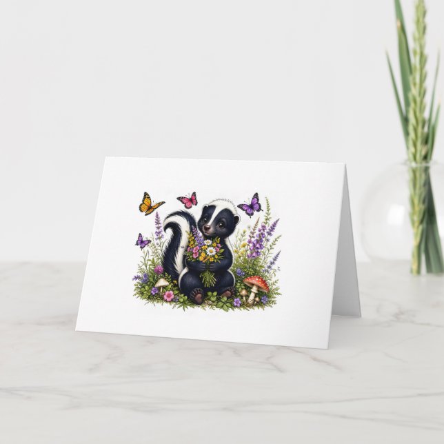 Cartão Cativante Gambá Com Flores e Borboletas (Frente)
